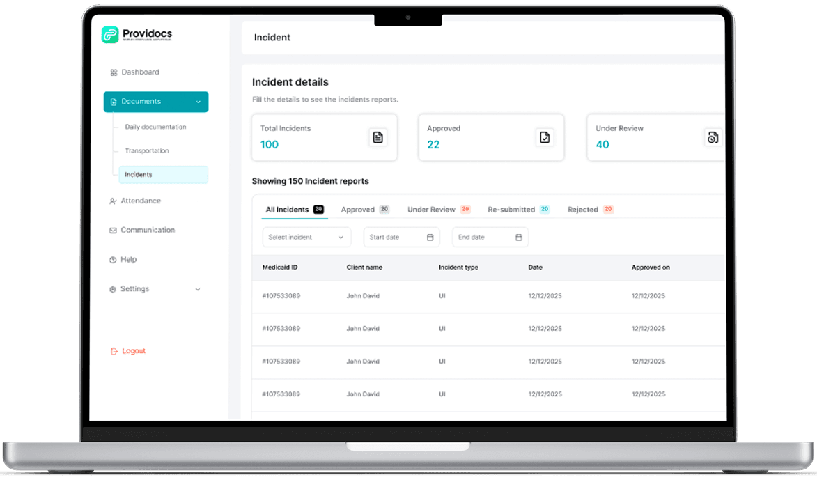 Providocs IDD software dashboard on a MacBook — documentation and compliance for provider agencies